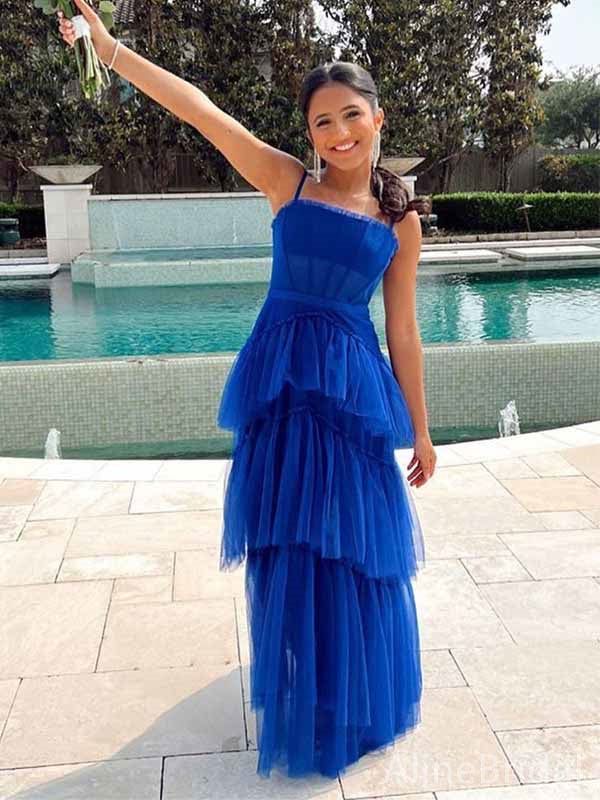 Spaghetti Straps Tulle A-Line Tiered Sheer Party Prom Dress