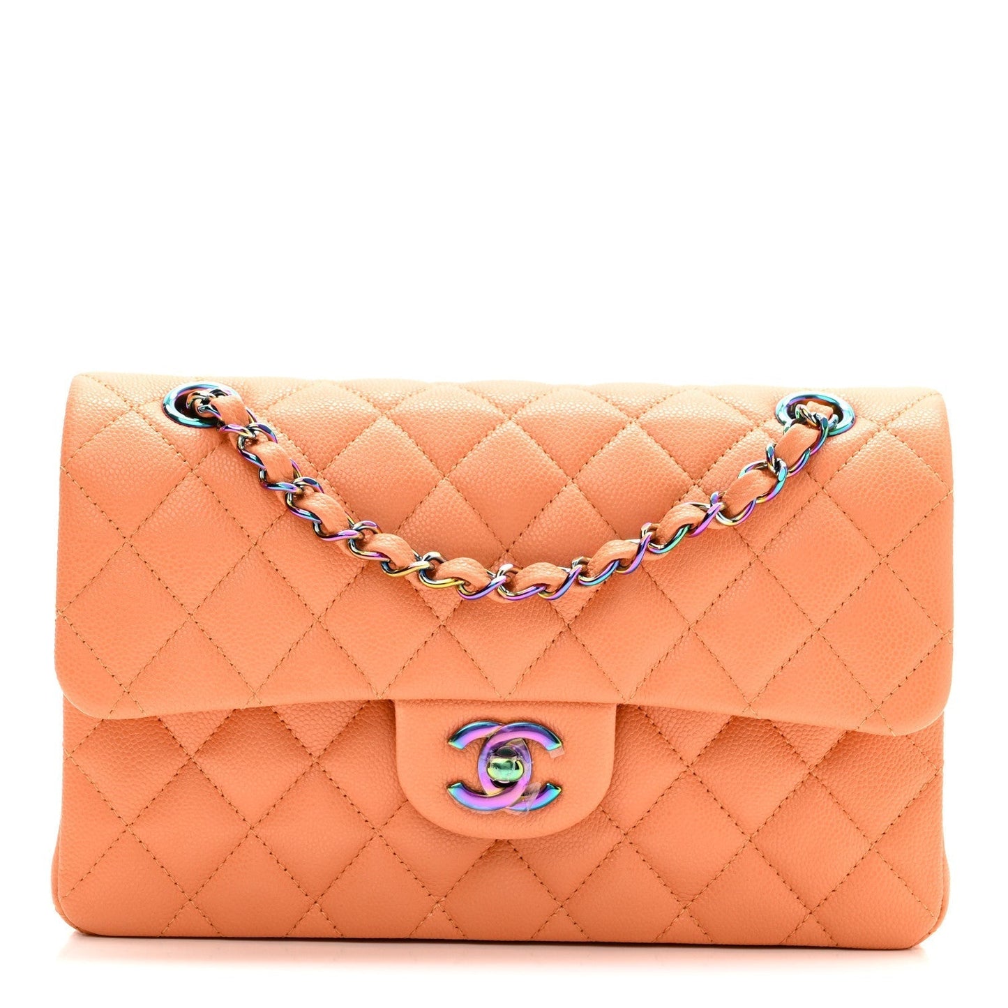 Caviar Quilted Rainbow CC Small Double Flap Orange