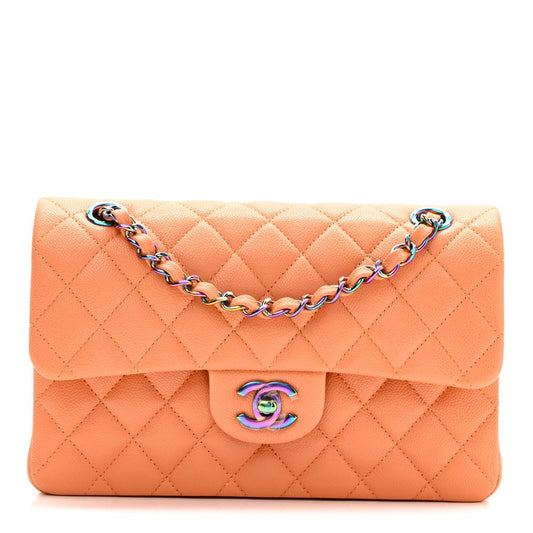 Caviar Quilted Rainbow CC Small Double Flap Orange