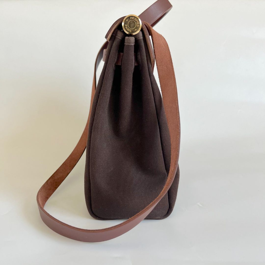Hermes Chocolate Brown/Beige Toile and Leather Herbag 31 Bag