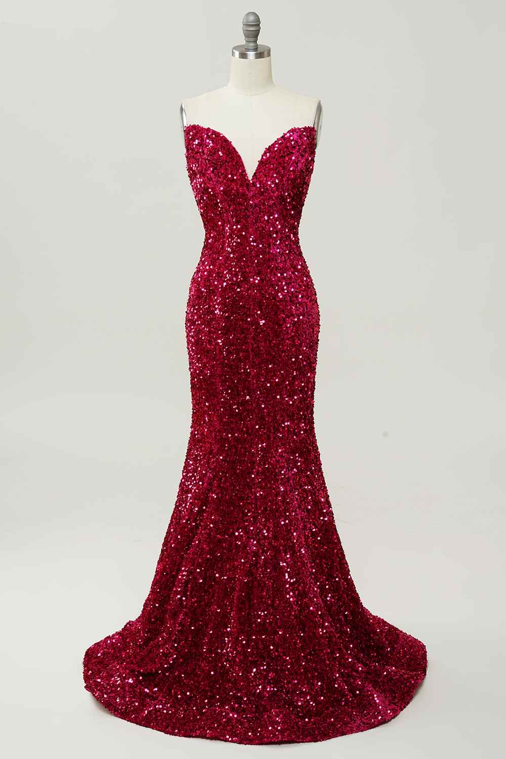 Red Sreapless Empire Mermaid Sequin Prom Party Dress