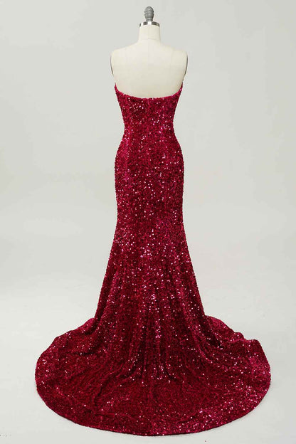 Red Sreapless Empire Mermaid Sequin Prom Party Dress
