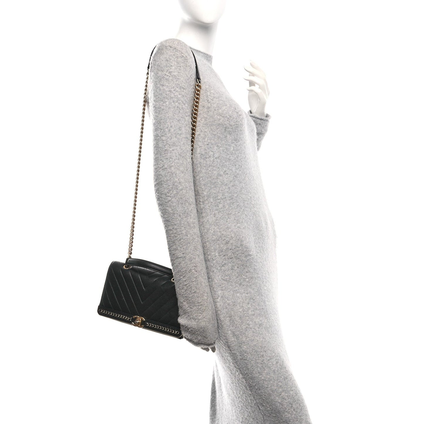 Sheepskin Chevron Stitched Chain Top Handle Flap Black