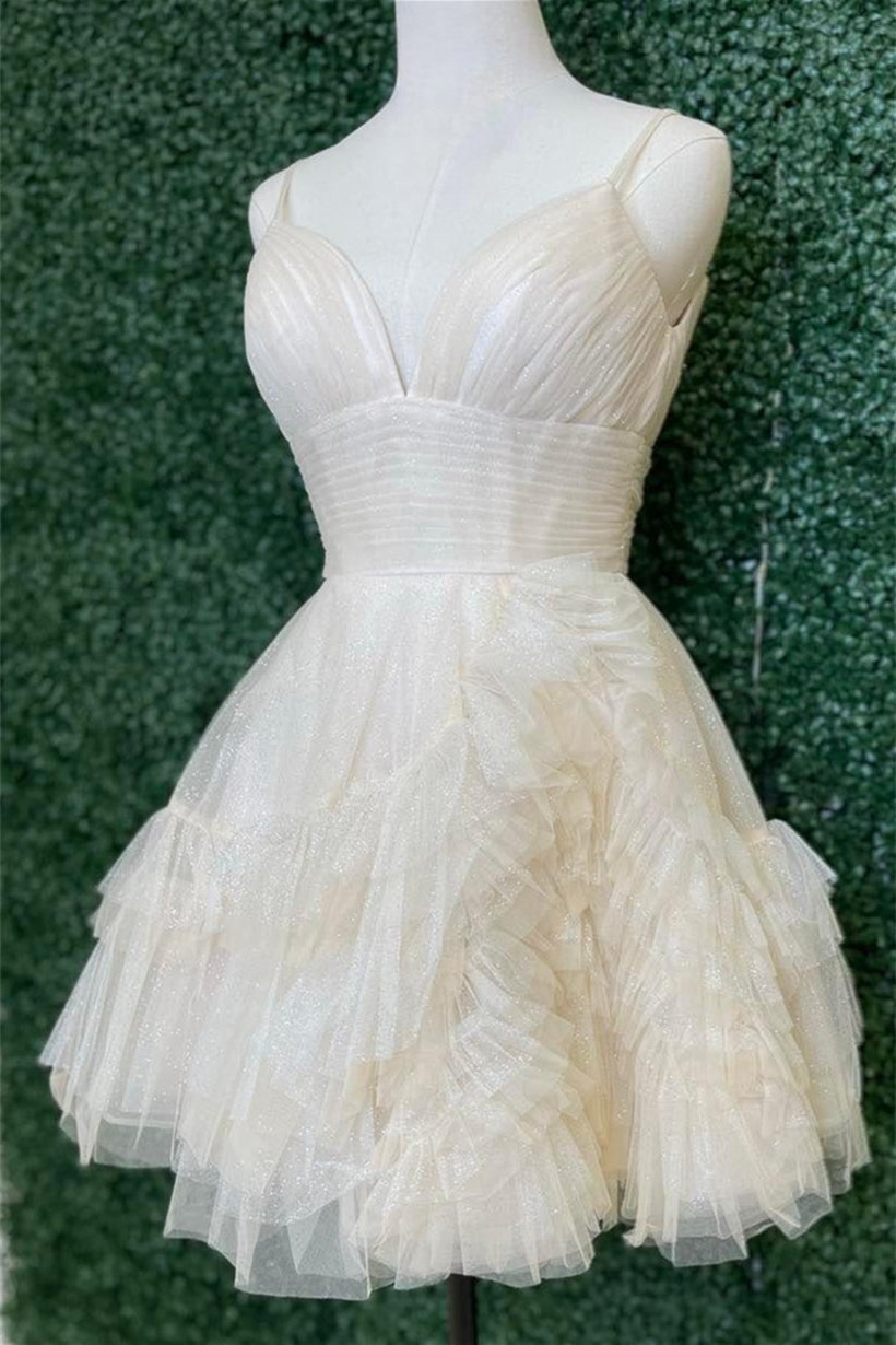 Pink Plunging V Neck Multi-Layers A-line Straps Homecoming Dress