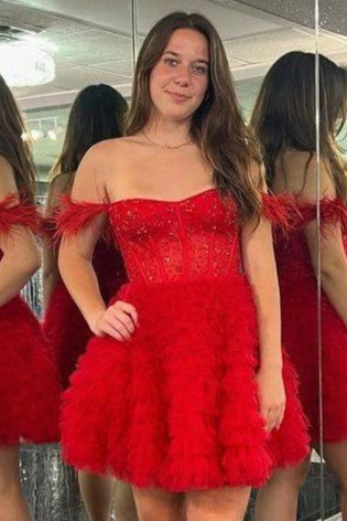 Off the Shoulder Red Beaded Layered Short Homecoming Dress