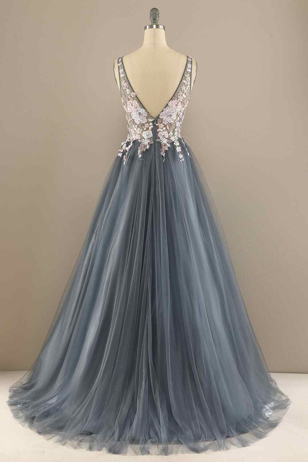 Tulle A-Line V-Neck Backless Floral Appliques Prom Party Dress