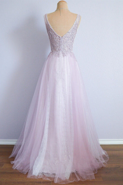 Chic Tulle A-Line V-Neck Open Back Prom Party Dress