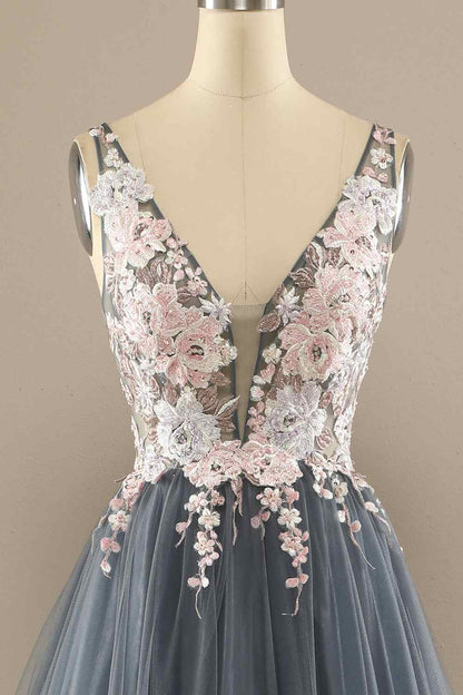 Tulle A-Line V-Neck Backless Floral Appliques Prom Party Dress