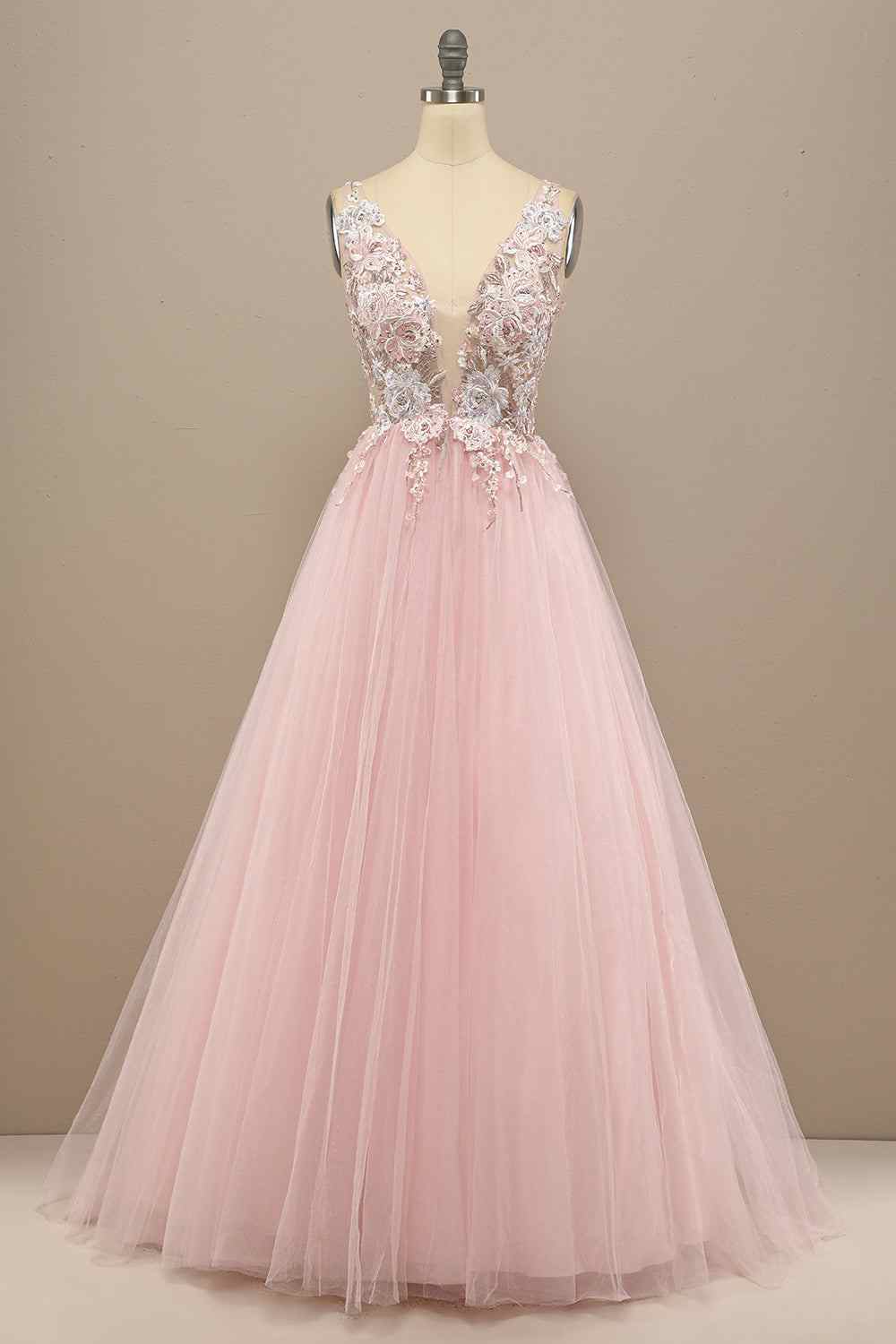 Tulle A-Line V-Neck Backless Floral Appliques Prom Party Dress