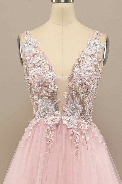 Tulle A-Line V-Neck Backless Floral Appliques Prom Party Dress