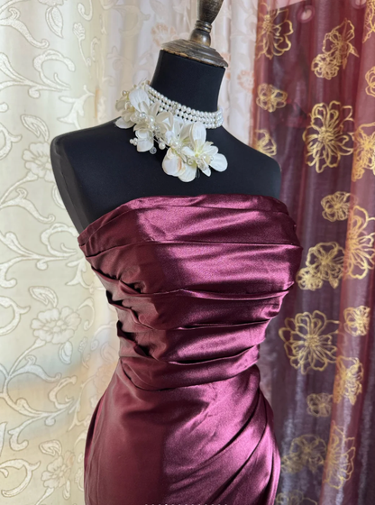Elegant Burgundy Strapless Satin Pleated Mermaid Long Evening Dress Prom Dresses SP1621