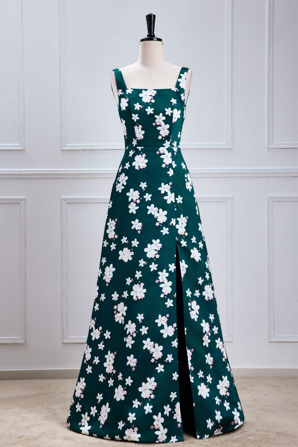 Green Floral Prints A-line Long Bridesmaid Dress with Slit