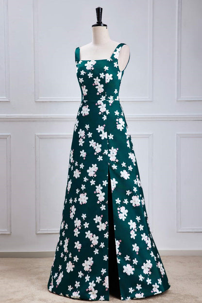 Green Floral Prints A-line Long Bridesmaid Dress with Slit