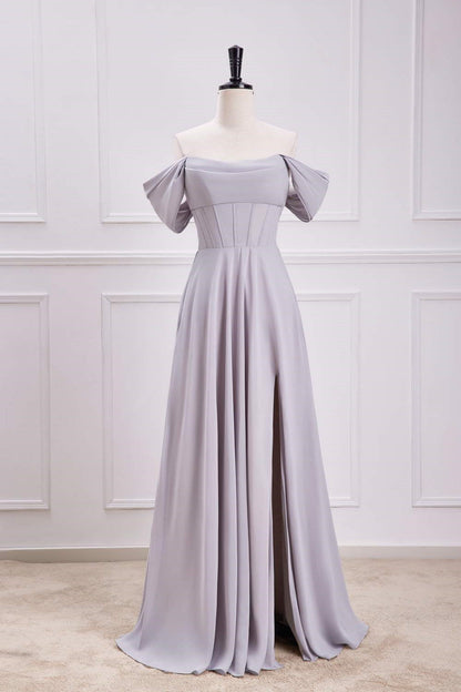 Grey Off-Shoulder A-line Chiffon Long Bridesmaid Dress with Slit