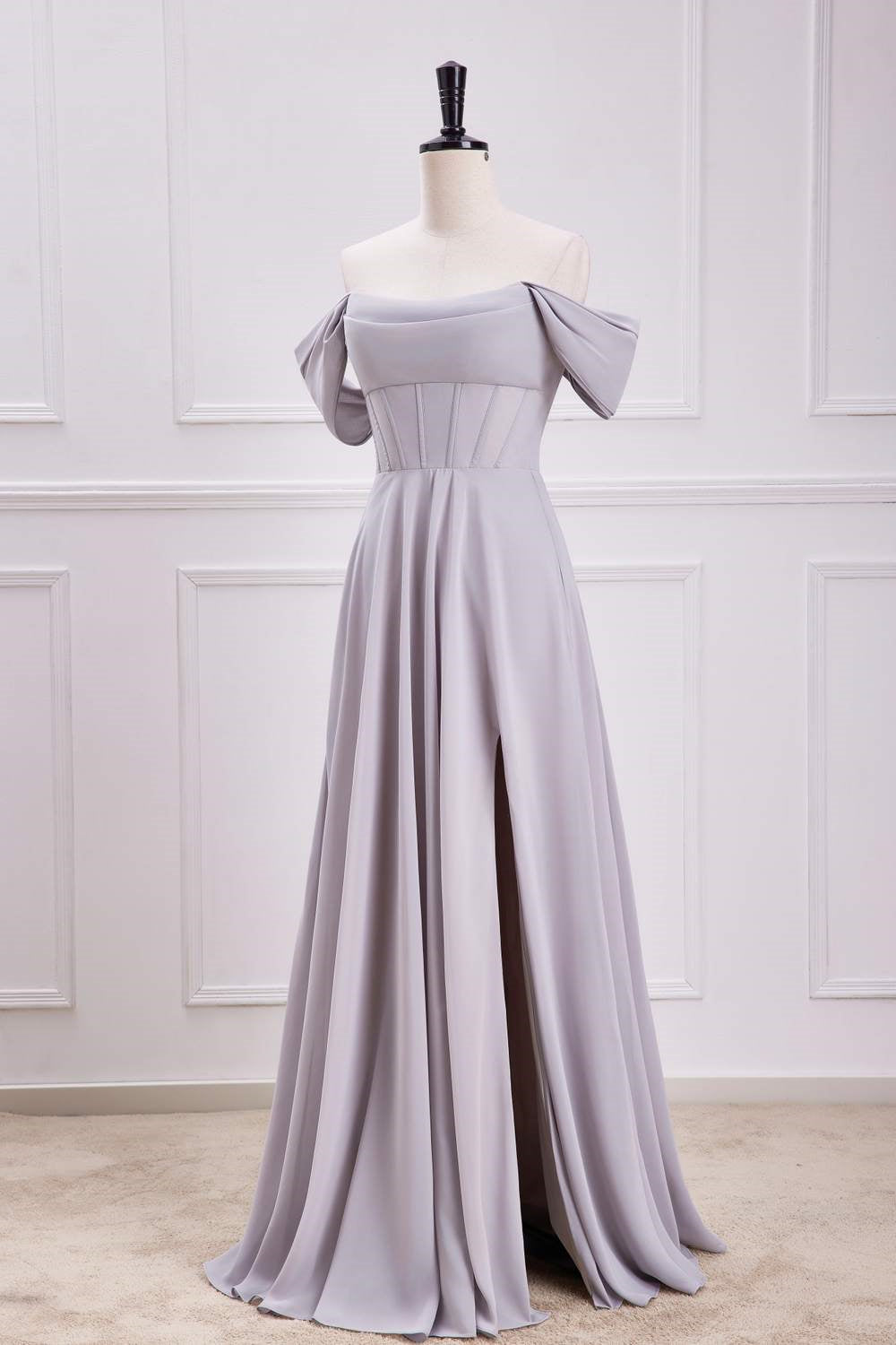 Grey Off-Shoulder A-line Chiffon Long Bridesmaid Dress with Slit
