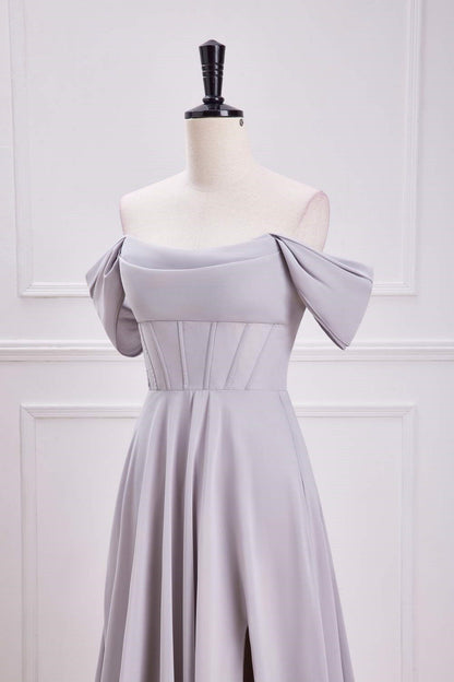 Grey Off-Shoulder A-line Chiffon Long Bridesmaid Dress with Slit