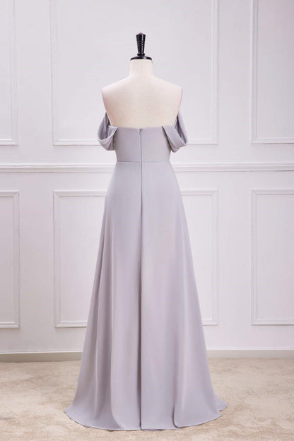 Grey Off-Shoulder A-line Chiffon Long Bridesmaid Dress with Slit