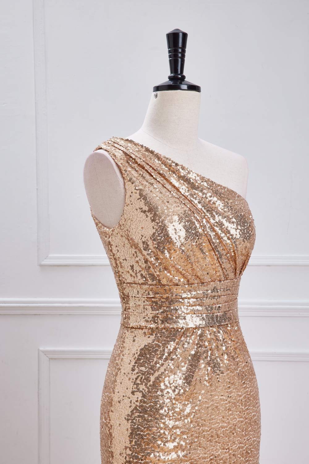 Champagne One Shoulder Sequins Mermaid Long Prom Dress