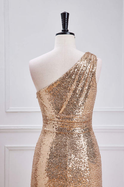 Champagne One Shoulder Sequins Mermaid Long Prom Dress