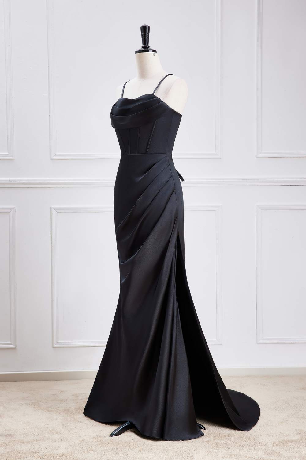 Black Spaghetti Straps Mermaid Satin Long Bridesmaid Dress with Slit
