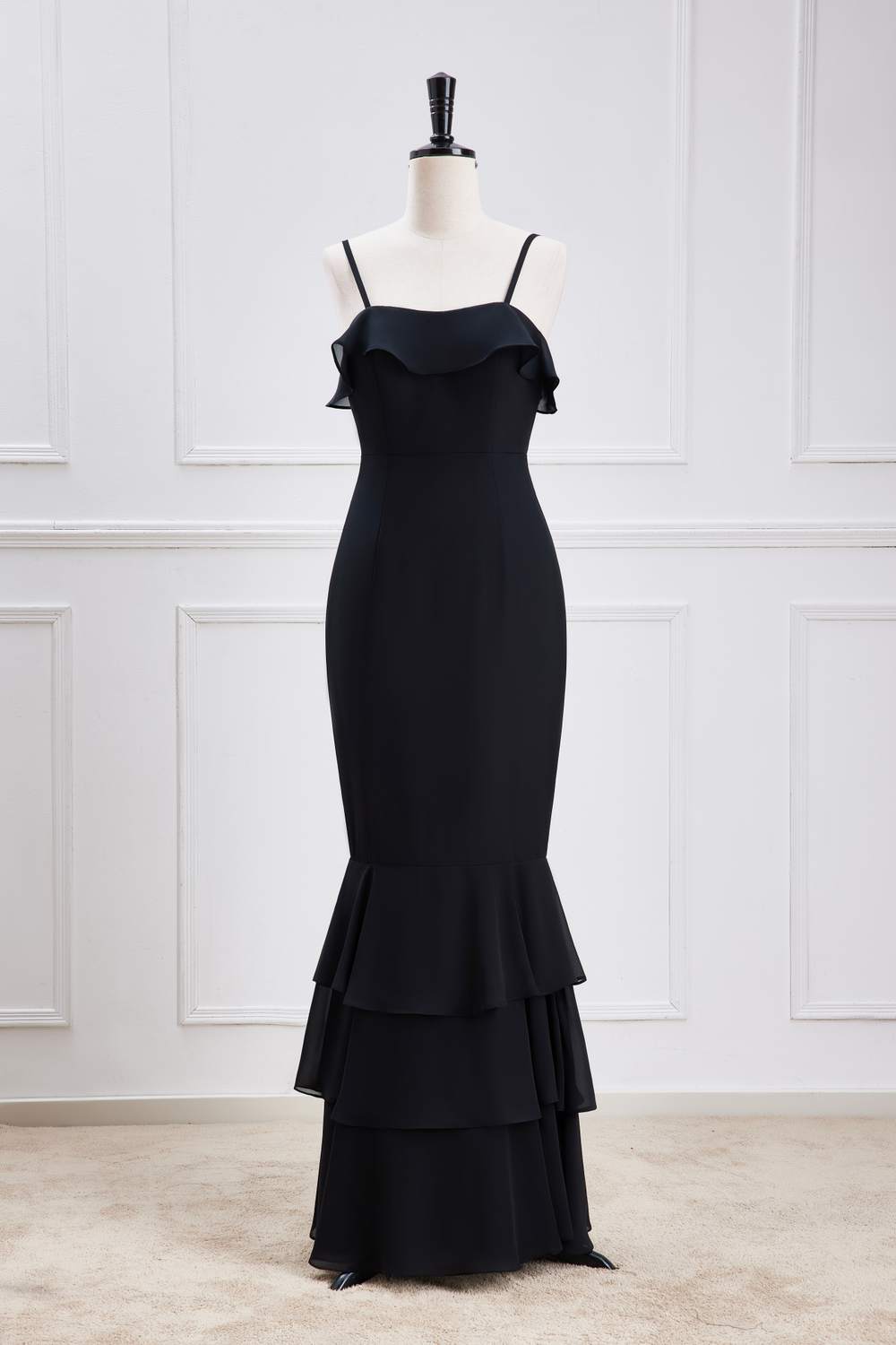 Black Spaghetti Straps Mermaid Ruffled Layers Long Bridesmaid Dress