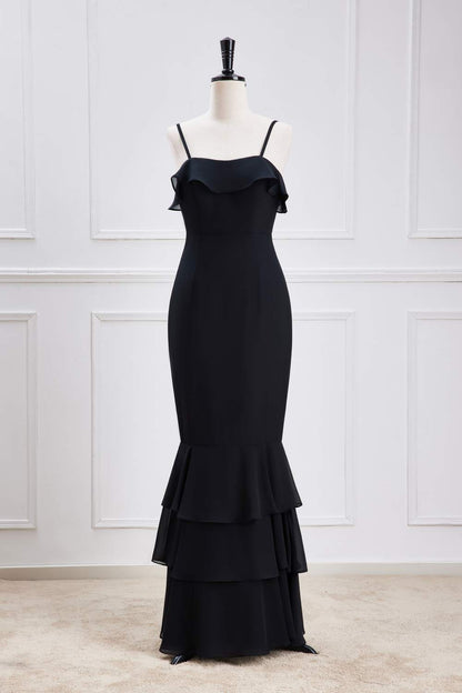 Black Spaghetti Straps Mermaid Ruffled Layers Long Bridesmaid Dress