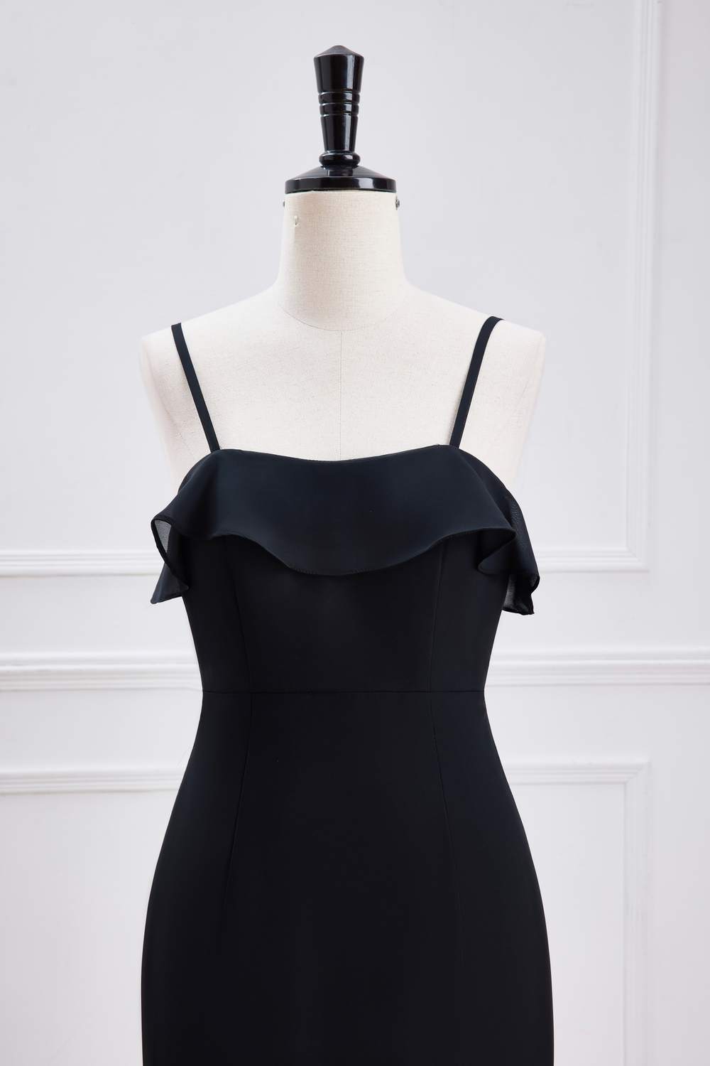 Black Spaghetti Straps Mermaid Ruffled Layers Long Bridesmaid Dress