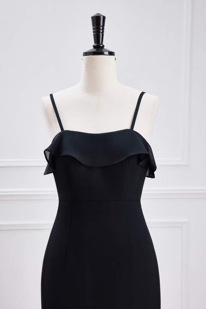 Black Spaghetti Straps Mermaid Ruffled Layers Long Bridesmaid Dress