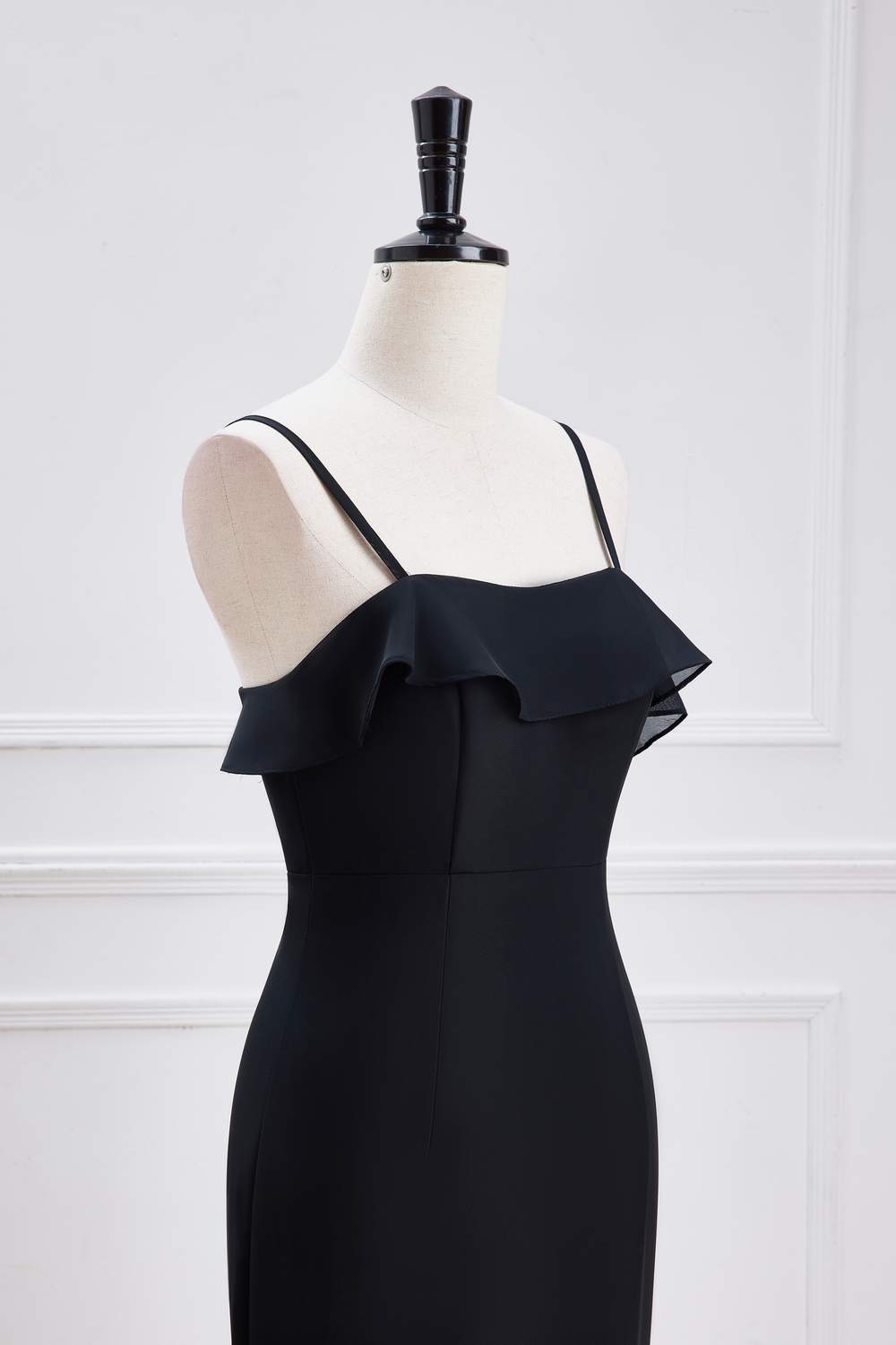 Black Spaghetti Straps Mermaid Ruffled Layers Long Bridesmaid Dress