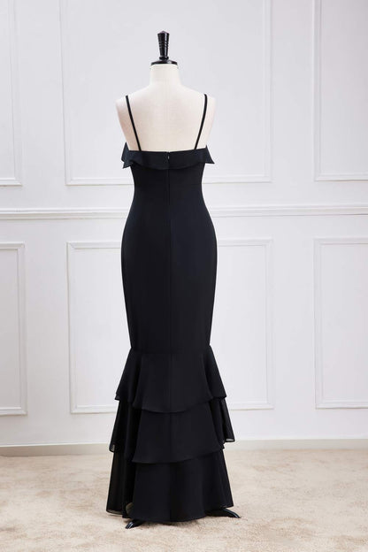 Black Spaghetti Straps Mermaid Ruffled Layers Long Bridesmaid Dress