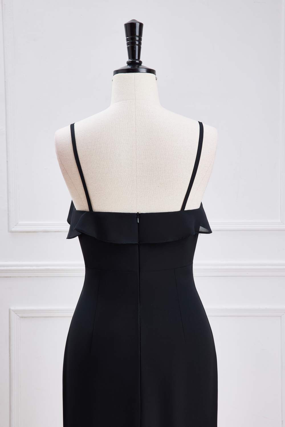 Black Spaghetti Straps Mermaid Ruffled Layers Long Bridesmaid Dress