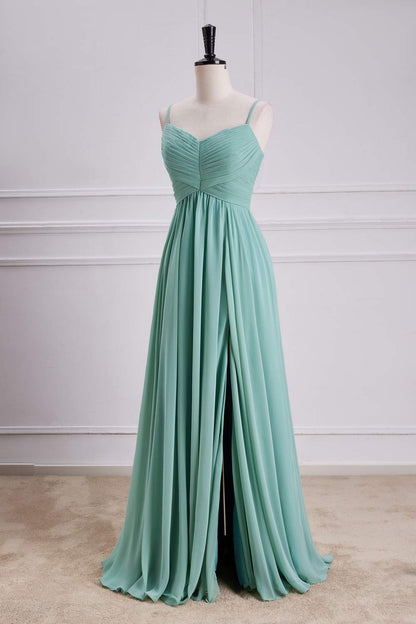 Sage Green Spaghetti Straps A-line Long Bridesmaid Dress with Slit