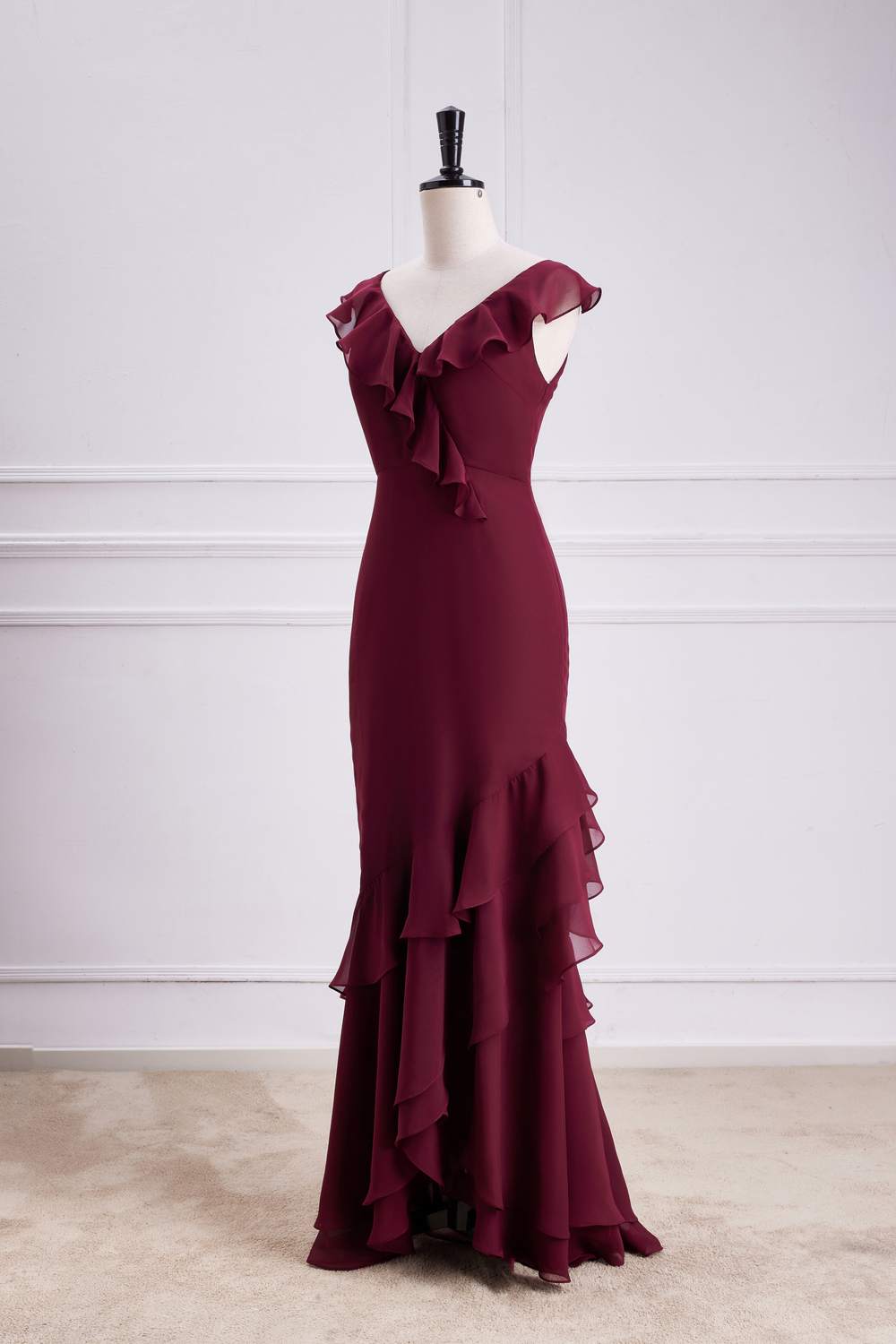 Wine Red Ruffled Mermaid Layers Long Bridesmaid Dress