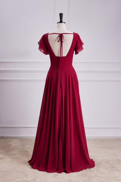 Red Flaunt Sleeves V Neck A-line Long Bridesmaid Dress with Slit