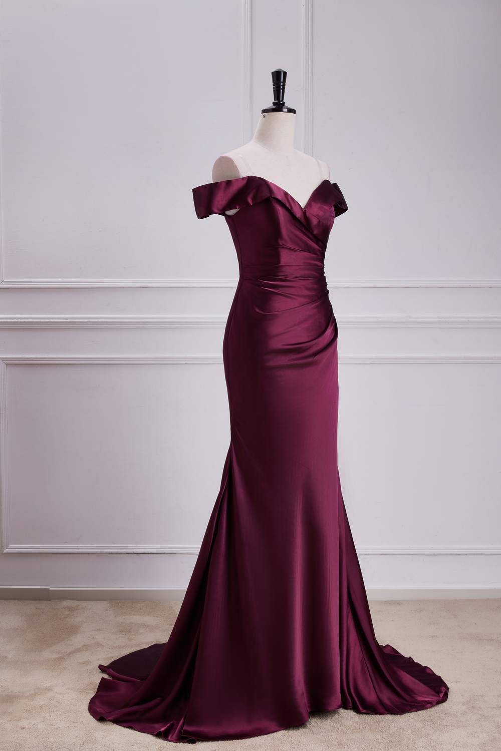 Raspberry Off-Shoulder Satin Mermaid Long Bridesmaid Dress