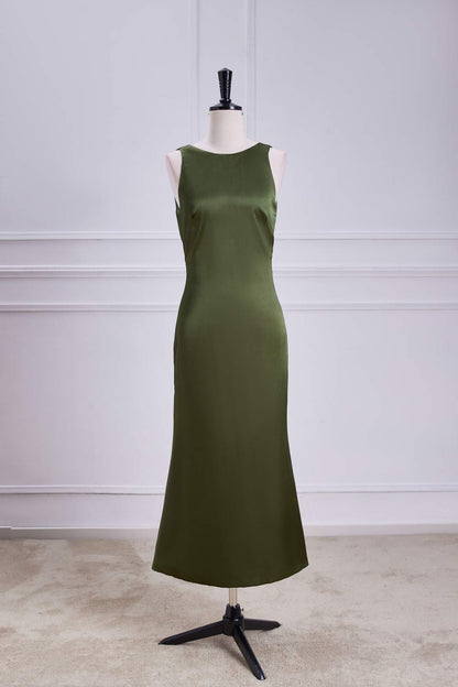 Olive Sleeveless Mermaid Satin Bow Tie Calf-Length Bridesmaid Dress
