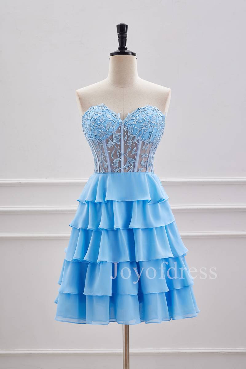 Strapless Blue Sheer Corset A-Line Ruffle Homecoming Dress
