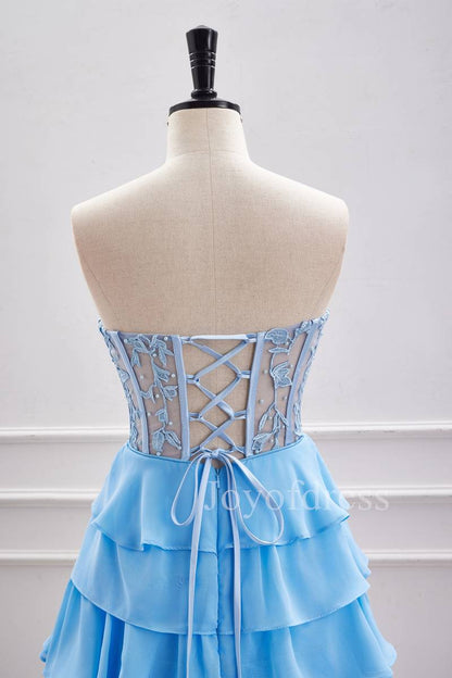 Strapless Blue Sheer Corset A-Line Ruffle Homecoming Dress