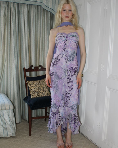 Classy Lavender Spaghetti Straps Chiffon Print Floral Mermaid Long Party Dress Birthday Outfits SP1337