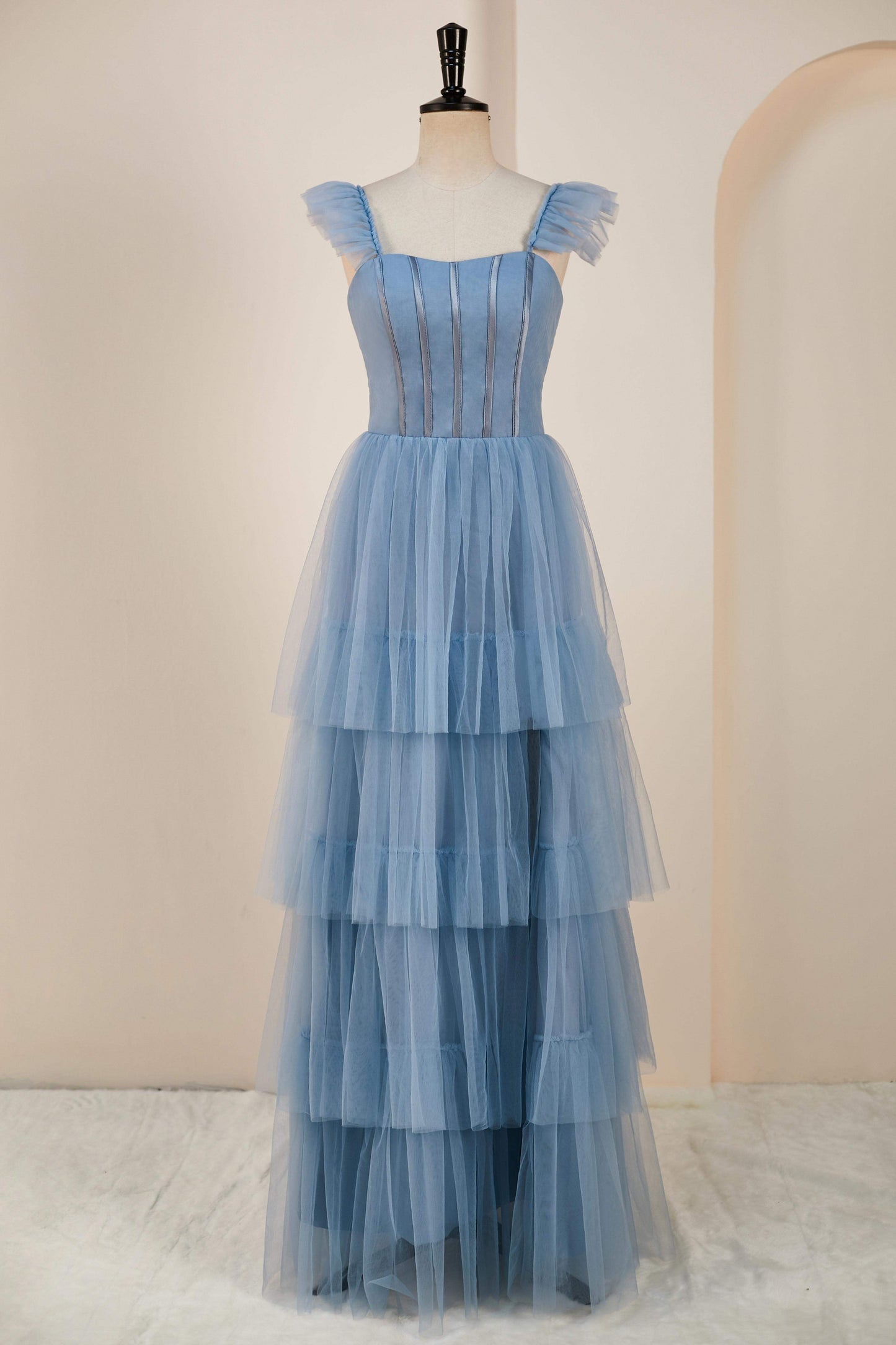 Dusty Blue Flutter Sleeves A-line Multi-Layers Long Bridesmaid Dress with Slit