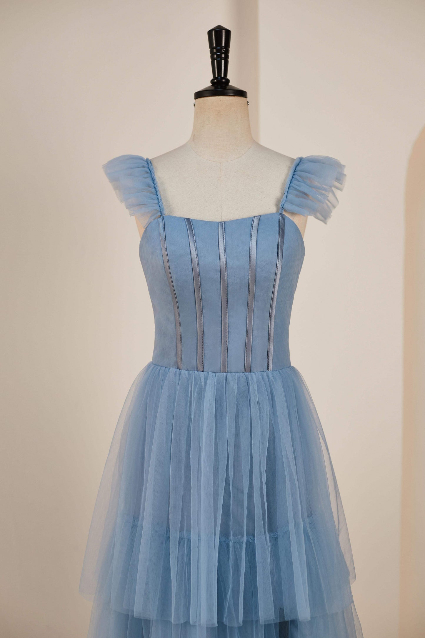 Dusty Blue Flutter Sleeves A-line Multi-Layers Long Bridesmaid Dress with Slit