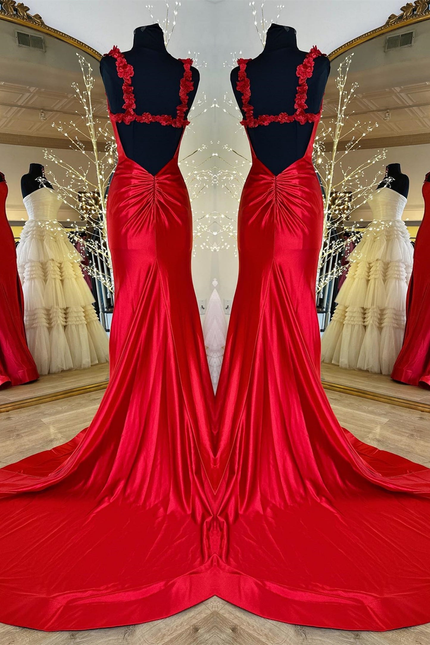 Red Flower Straps Mermaid Satin Long Prom Dress with Slit