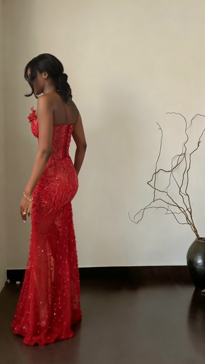 Glamorous Strapless Red Tulle Sequin Beaded Mermaid Evening Dress Long Birthday Prom Dress SP1507