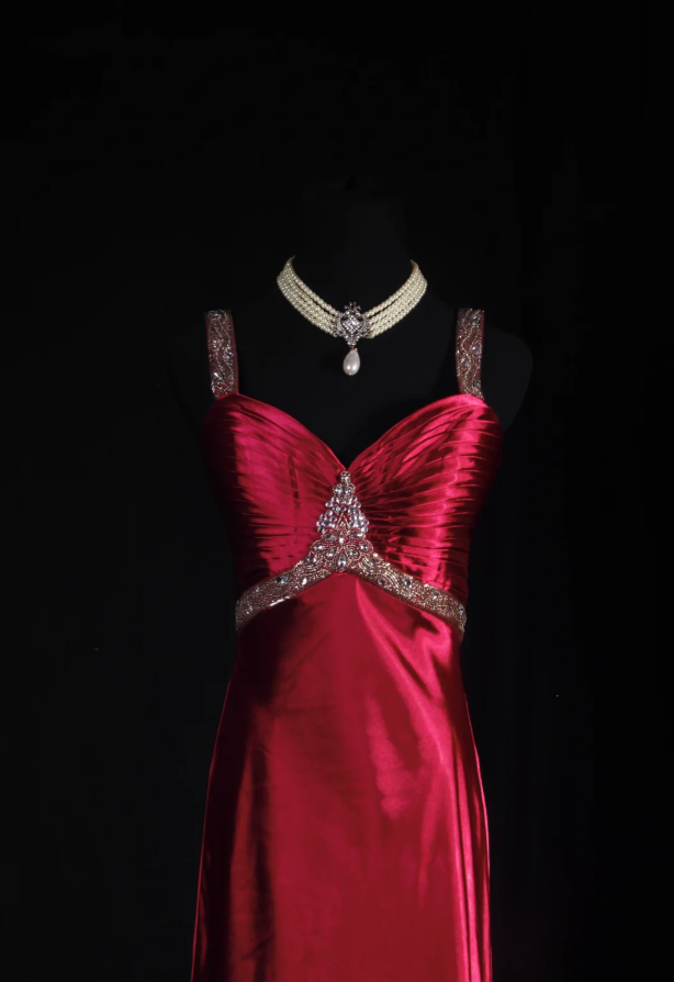 Pretty Burgundy Spaghetti Straps Satin Beaded Mermaid Long Evening Dress Prom Gown SP1697
