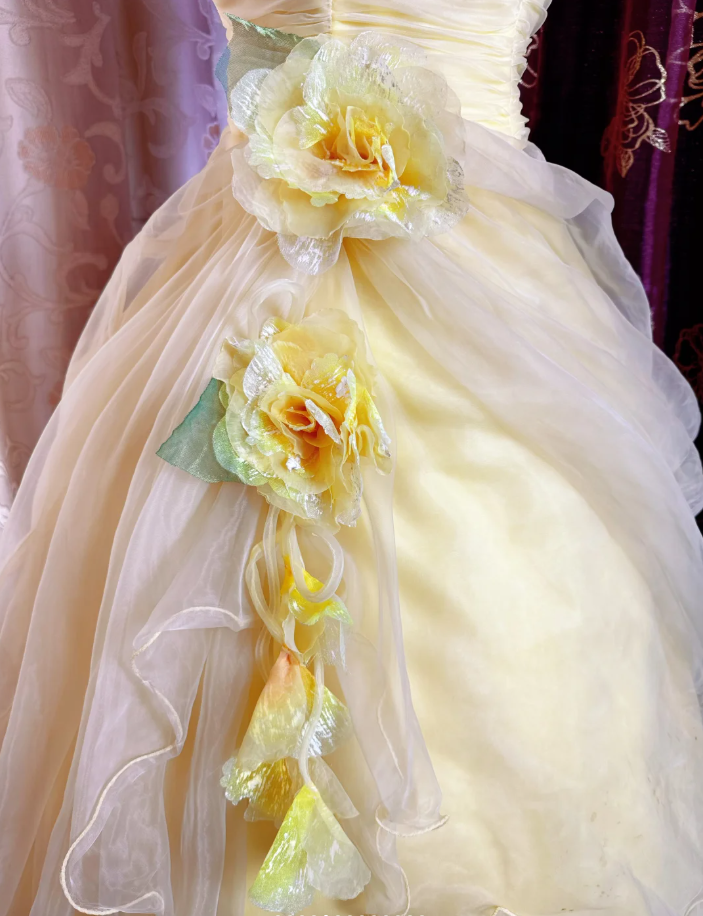 Sweet Strapless Ball Gown Yellow Organza Pleated Birthday Quinceanera Dress With 3D Flowers SP1891