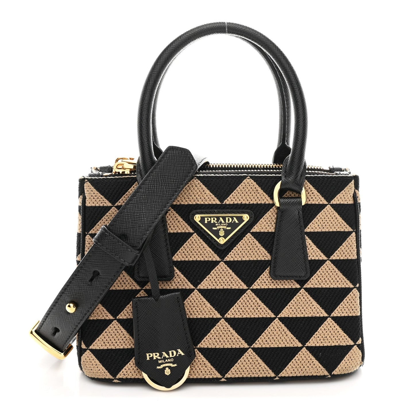Jacquard Saffiano Triangolo Symbole Embroidered Mini Galleria Double Zip Tote Black Corda