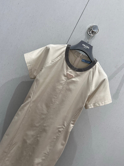 Prada 25 Short-sleeved Dress Beige Tencel Cotton 217659