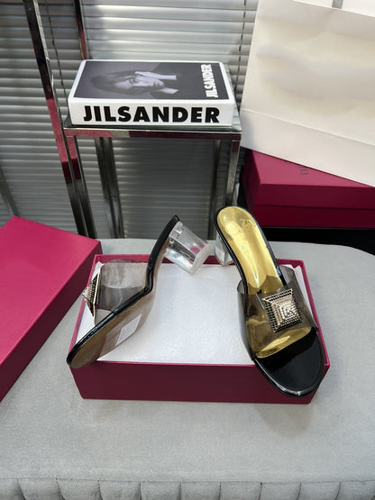 Heeled Sandals 6cm with Crystal Square Buckle Gold and Black