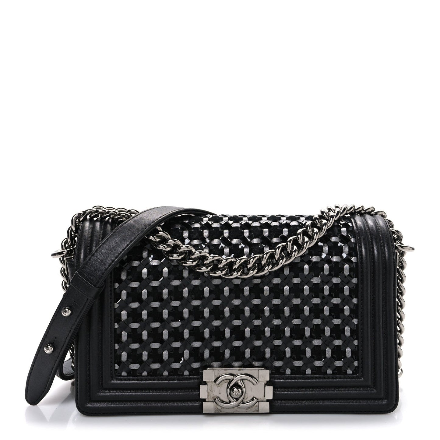 Calfskin Patent Braided Medium Boy Flap Black