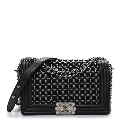 Calfskin Patent Braided Medium Boy Flap Black